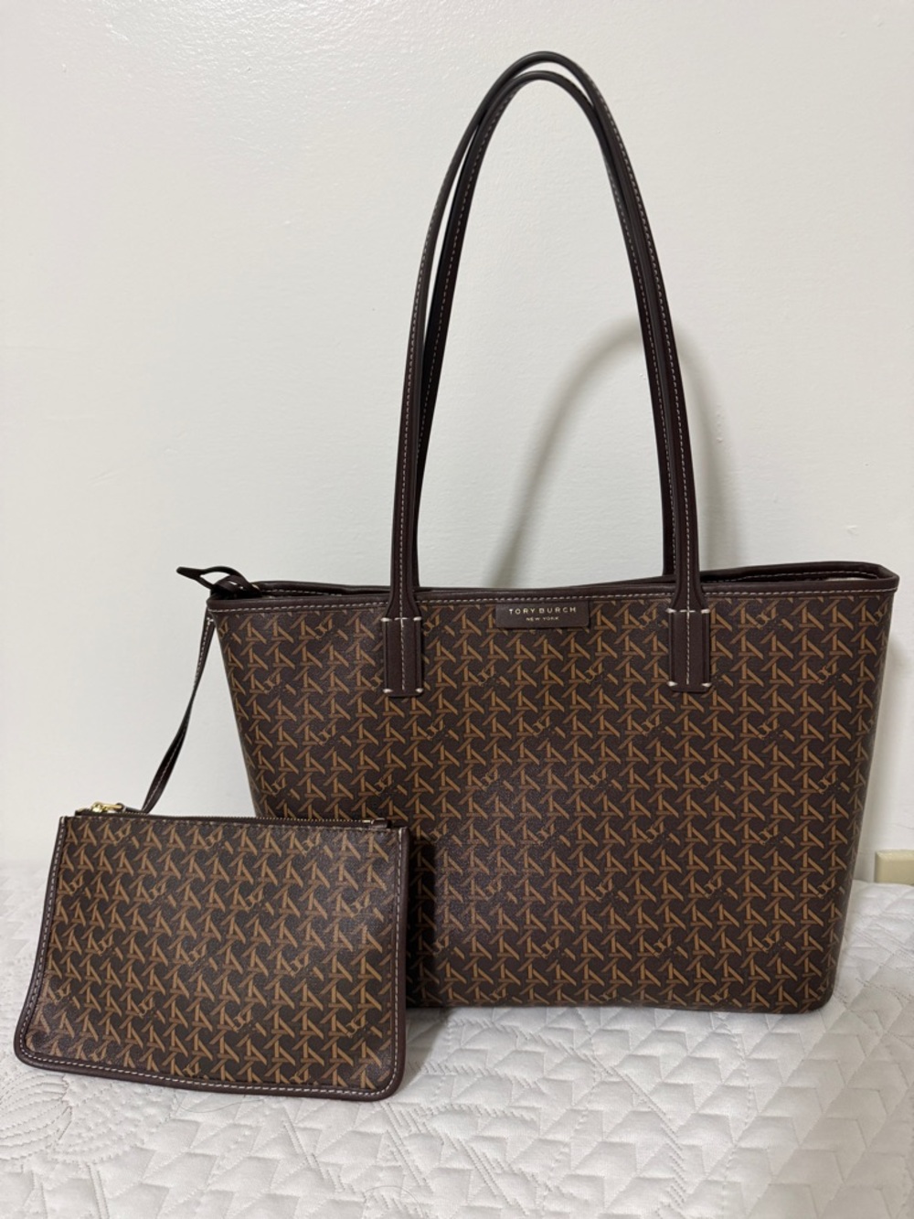 Tory Burch Brown Logo Pattern Tote with Wristlet